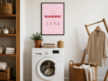 Affiche buanderie rose poudré au-dessus de la machine à laver