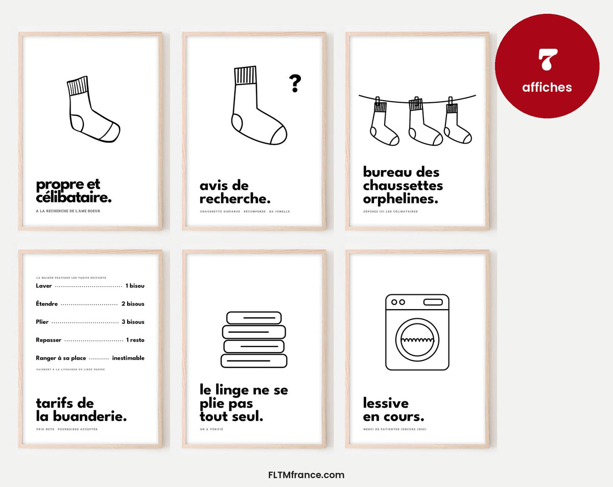 Mur de 6 affiches humour buanderie