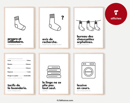 Mur de 6 affiches humour buanderie