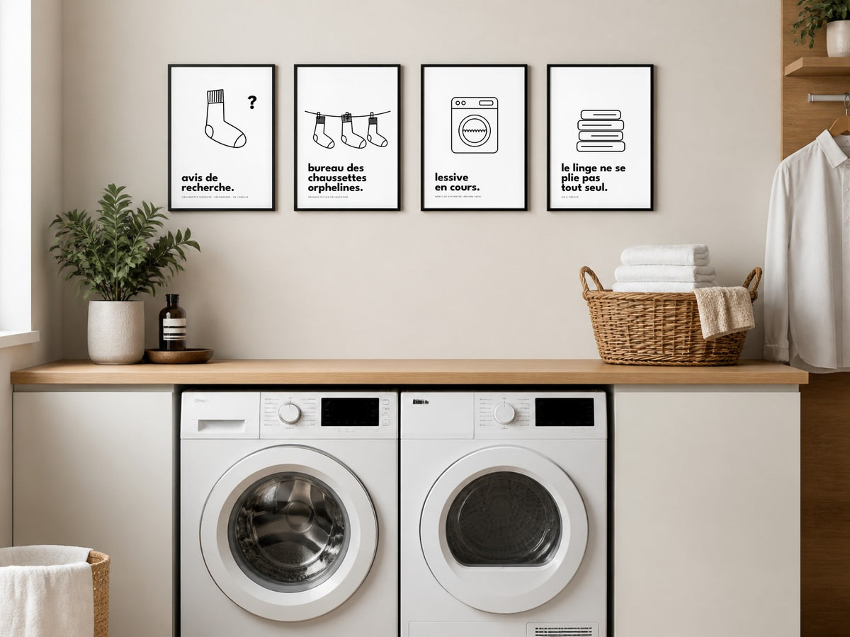 Affiches humour chaussettes et lessive au-dessus du lave-linge