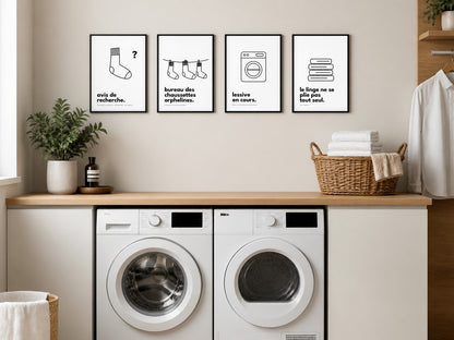 Affiches humour chaussettes et lessive au-dessus du lave-linge
