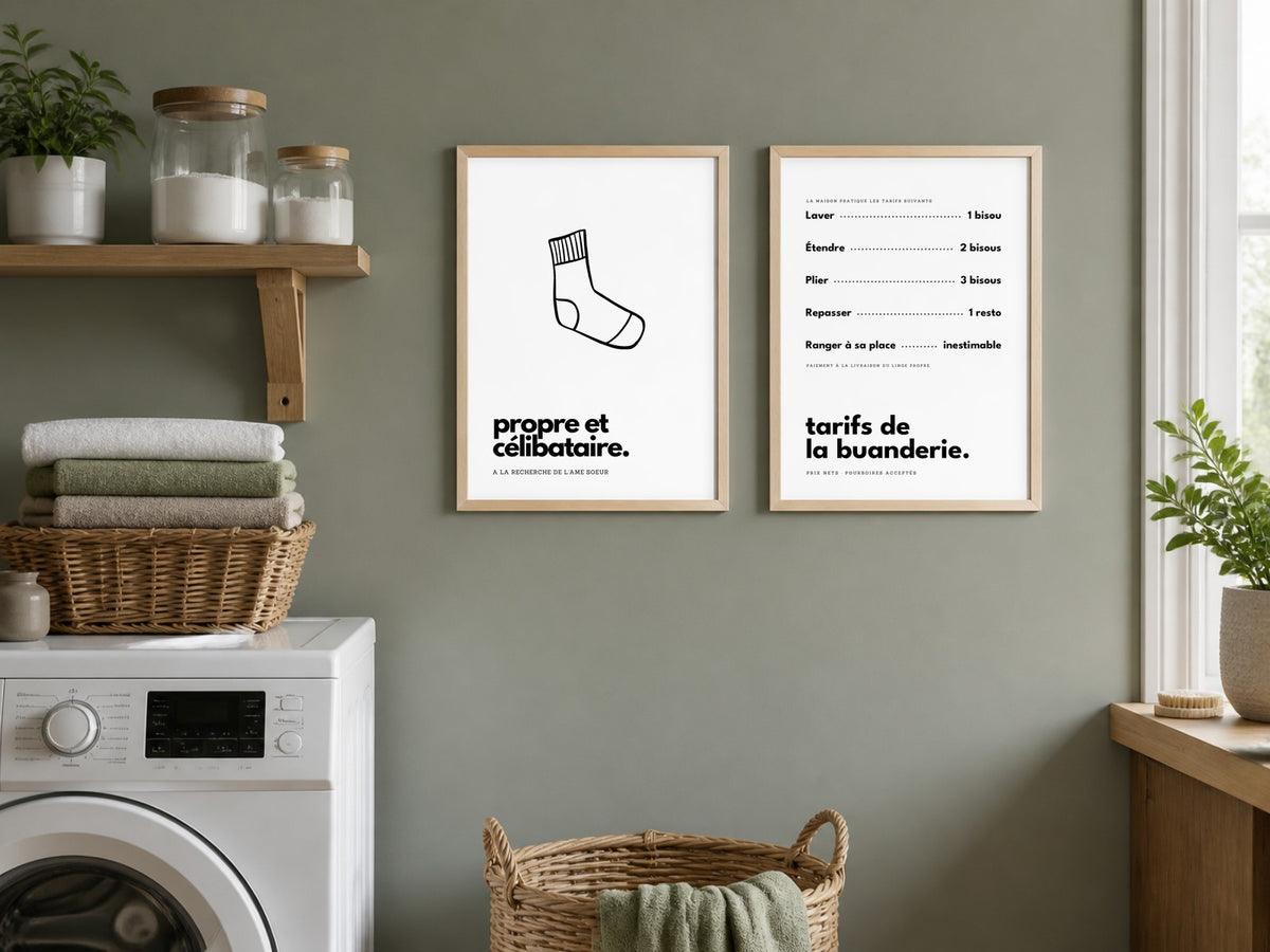 Affiches propre et célibataire et tarifs de la buanderie