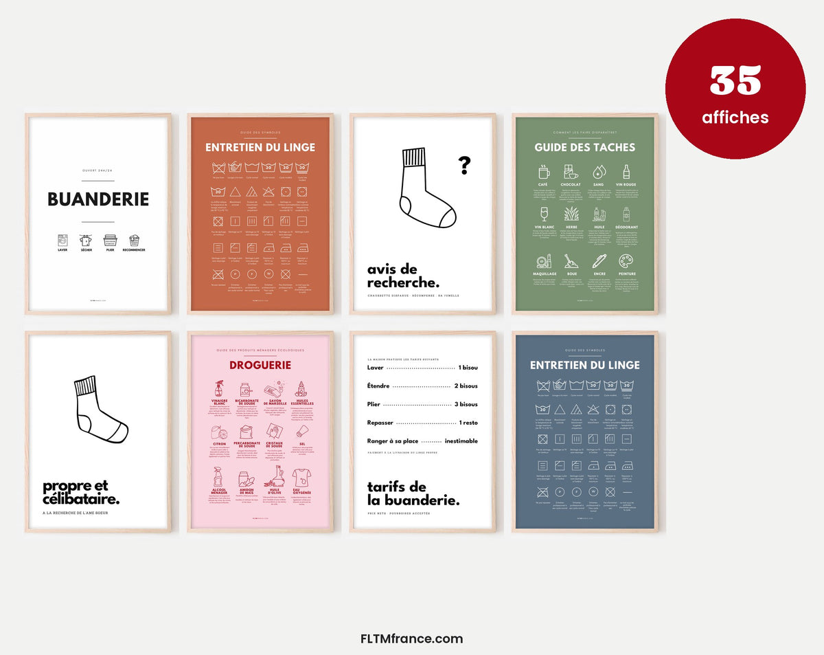 Mur de 8 affiches buanderie à imprimer FLTM