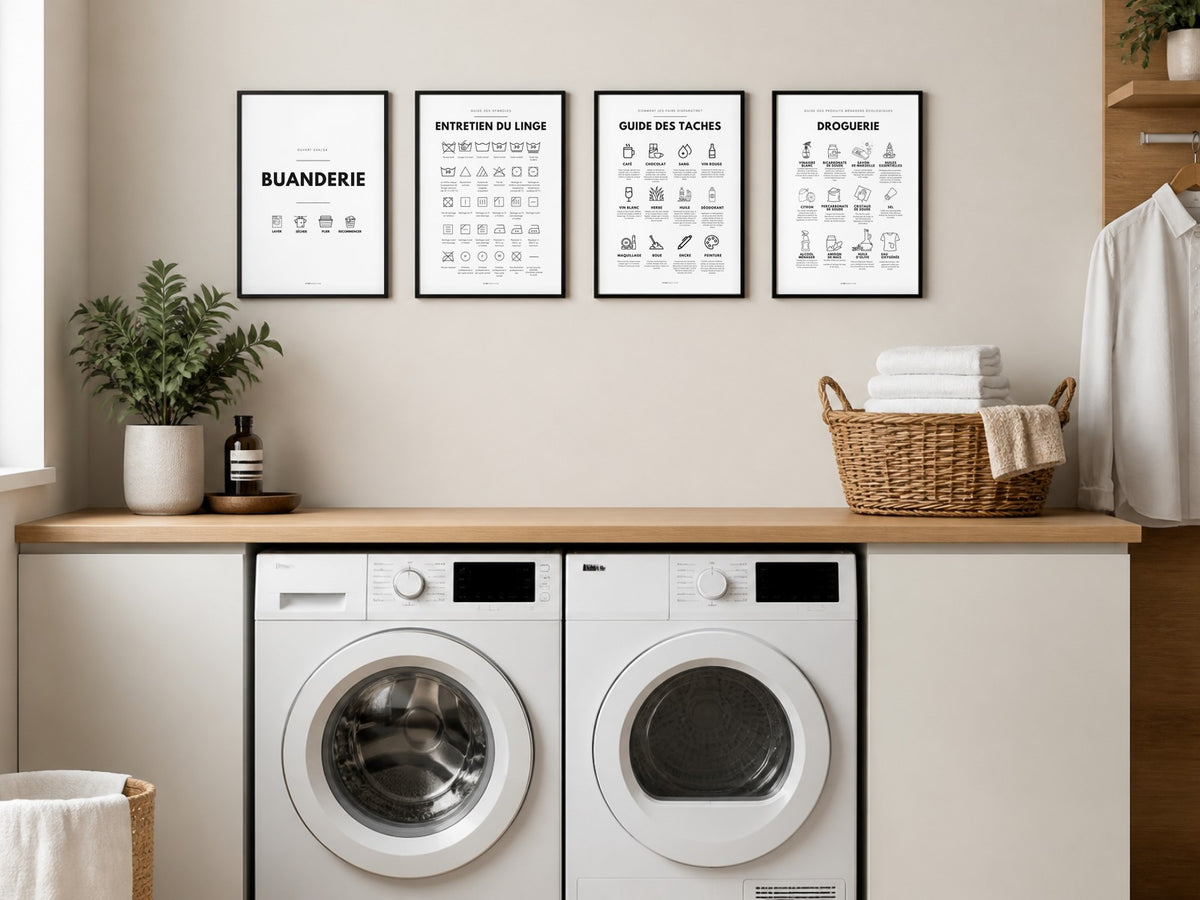 Affiches buanderie noir et blanc encadrées au-dessus du lave-linge