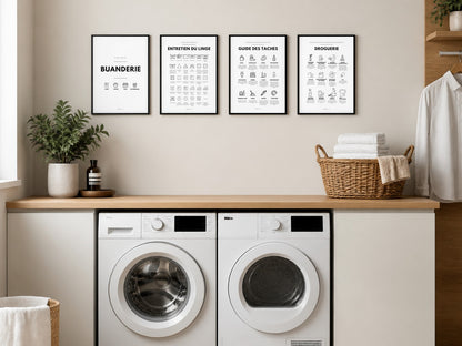 Affiches buanderie noir et blanc encadrées au-dessus du lave-linge