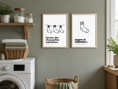Affiches humour chaussettes dans une buanderie vert sauge