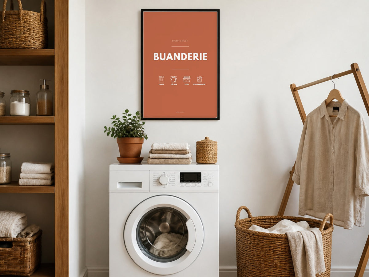 Affiche buanderie terracotta au-dessus de la machine à laver