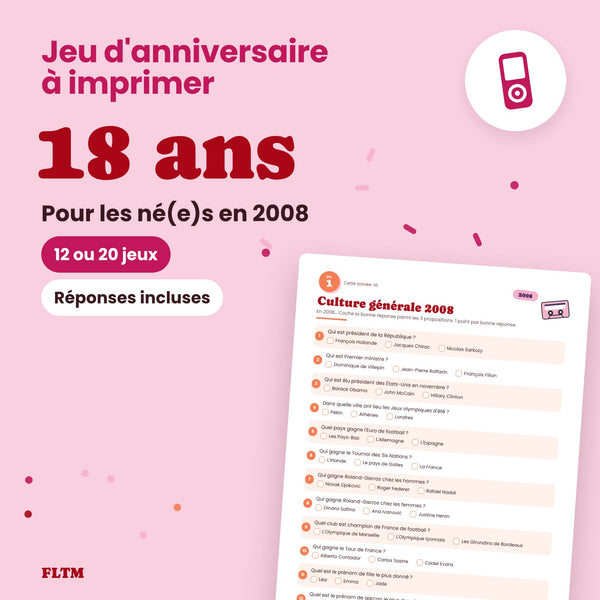 Jeu anniversaire 18 ans à imprimer - 12 ou 20 jeux