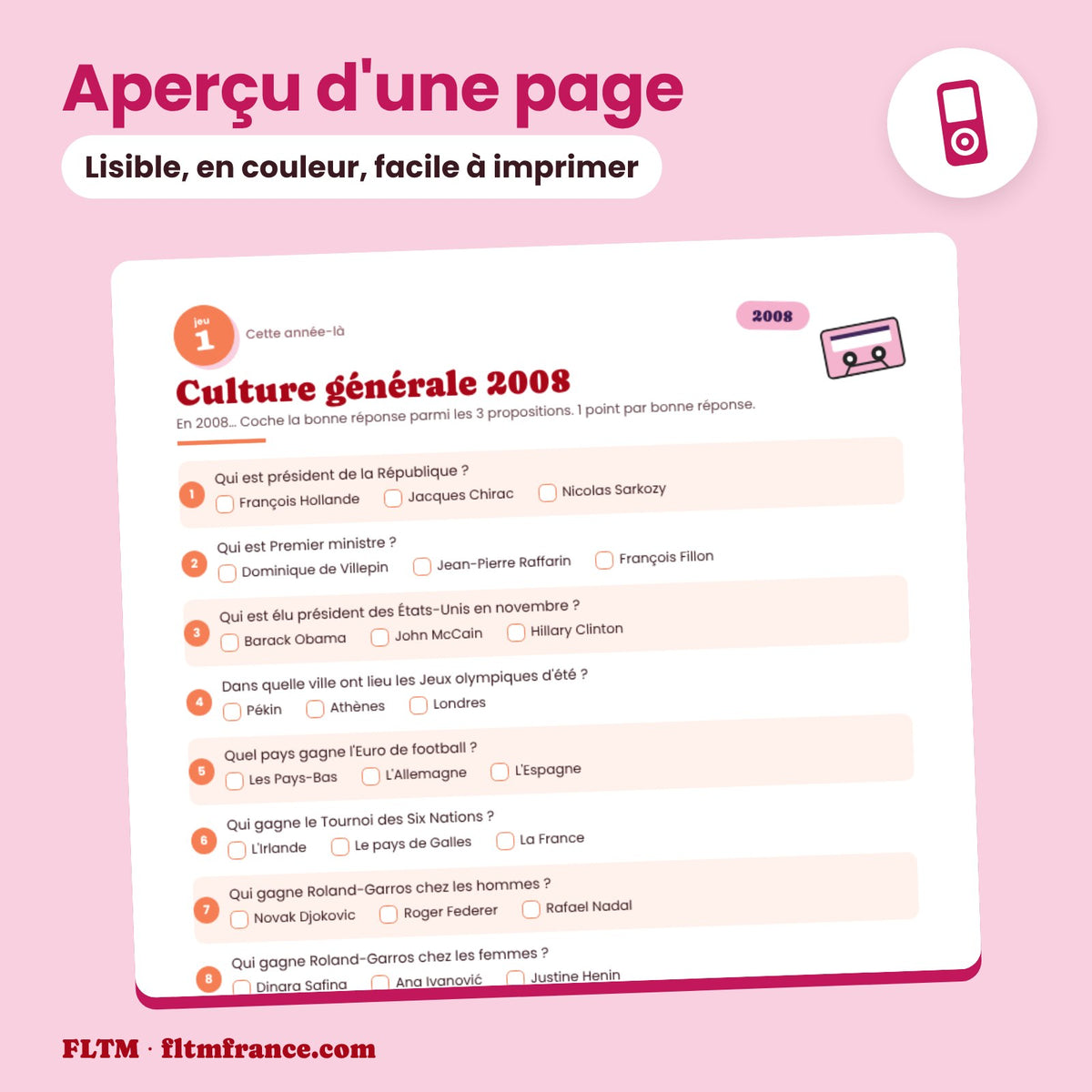 Jeu anniversaire 18 ans : aperçu d'une page