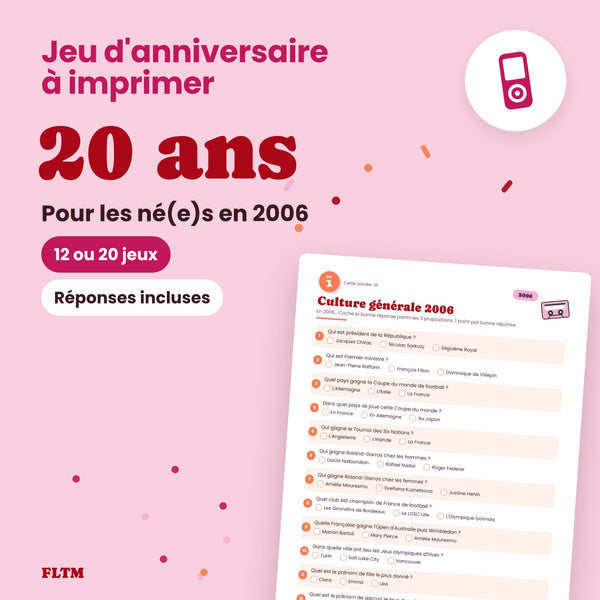 Jeu anniversaire 20 ans à imprimer - 12 ou 20 jeux