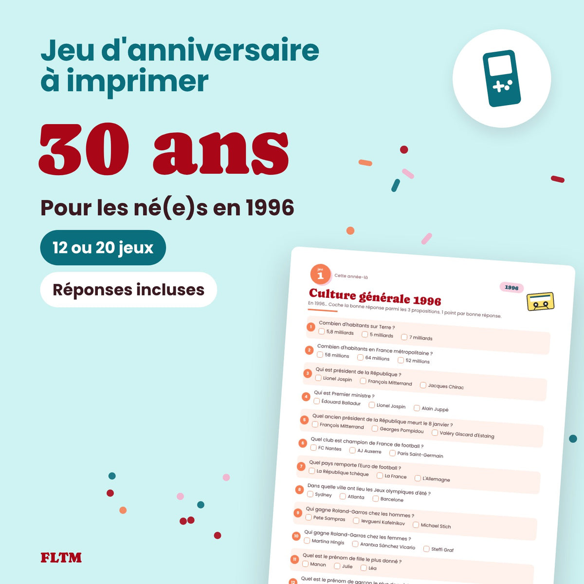 Jeu anniversaire 30 ans à imprimer
