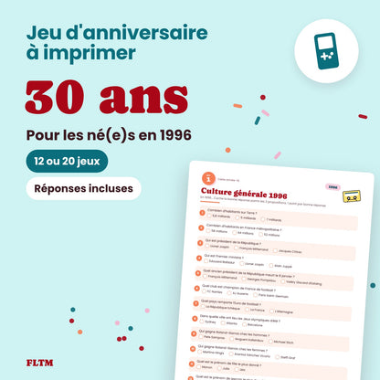 Jeu anniversaire 30 ans à imprimer