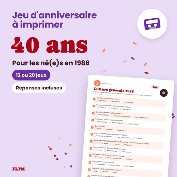 Jeu anniversaire 40 ans à imprimer - 12 ou 20 jeux