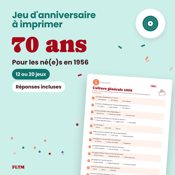 Jeu anniversaire 70 ans à imprimer - 12 ou 20 jeux