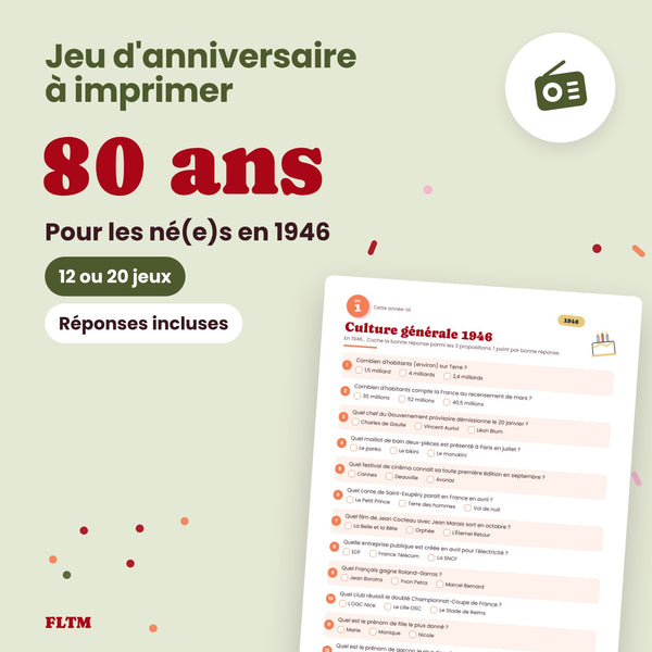 Jeu anniversaire 80 ans à imprimer - 12 ou 20 jeux