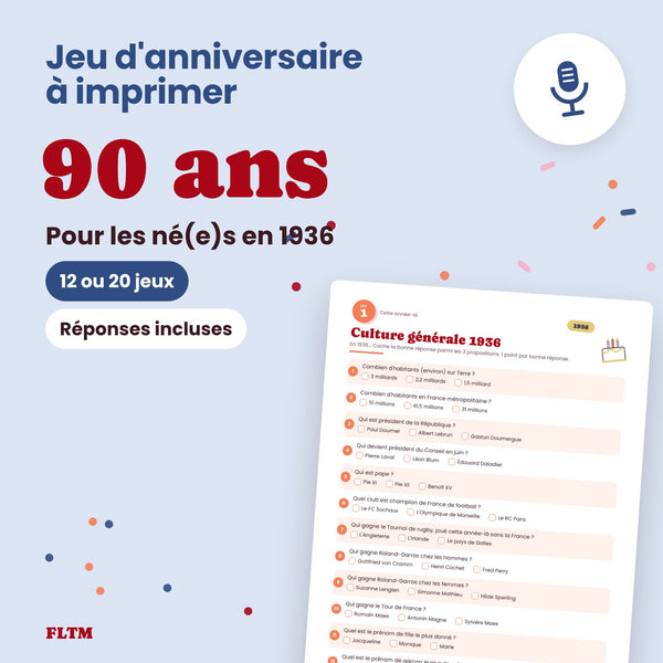 Jeu anniversaire 90 ans à imprimer - 12 ou 20 jeux