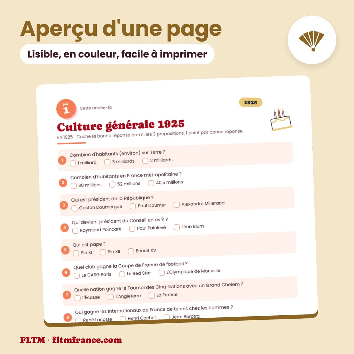 Jeu anniversaire année 1925 : aperçu d'une page
