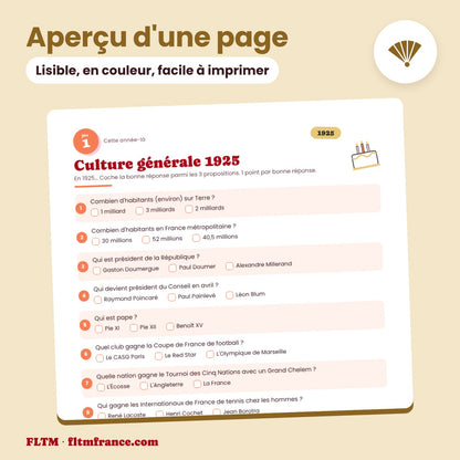 Jeu anniversaire année 1925 : aperçu d'une page