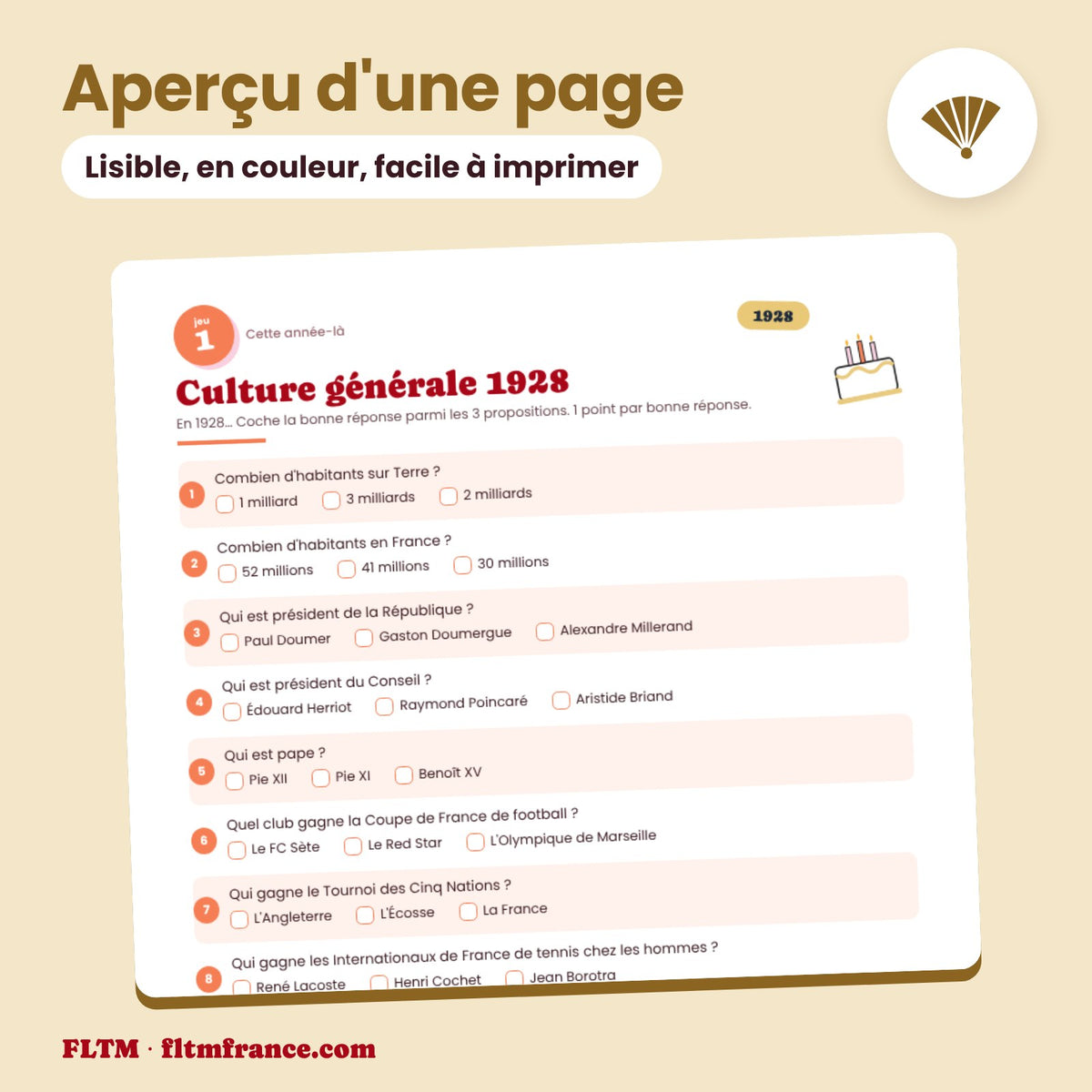 Jeu anniversaire année 1928 : aperçu d'une page