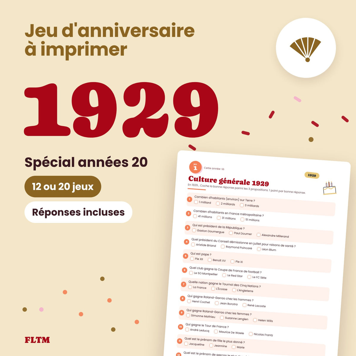 Jeu anniversaire année 1929 à imprimer, spécial années 20