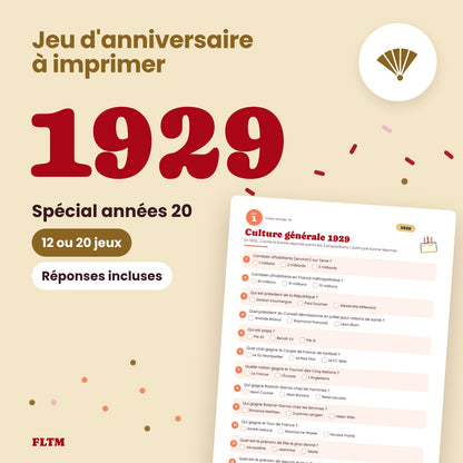 Jeu anniversaire année 1929 à imprimer, spécial années 20