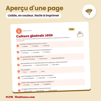 Jeu anniversaire année 1929 : aperçu d'une page