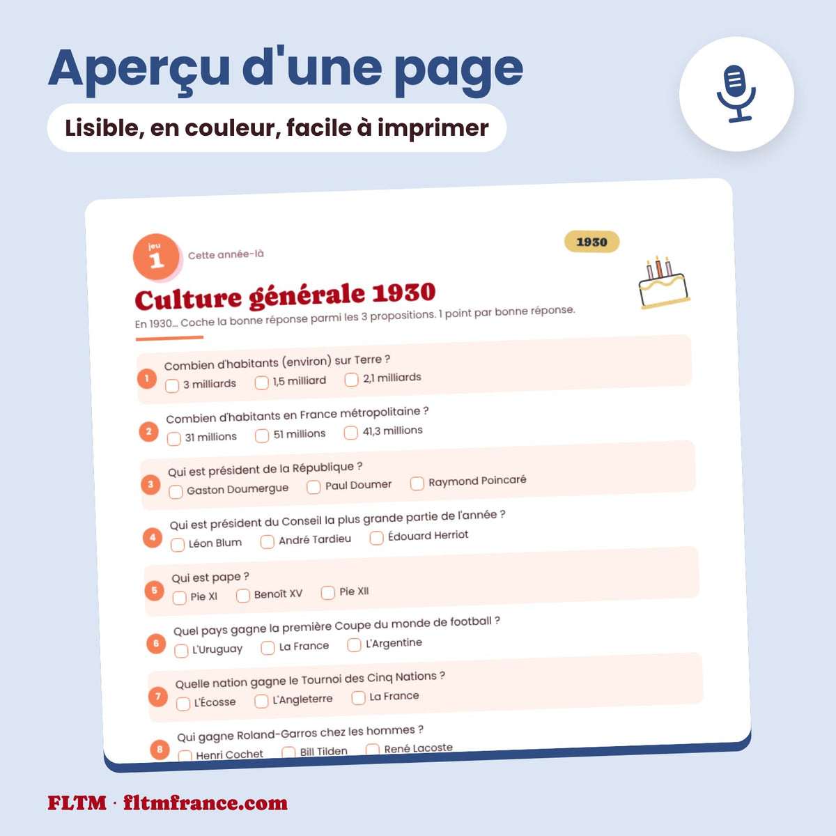 Jeu anniversaire année 1930 : aperçu d'une page