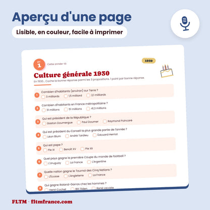 Jeu anniversaire année 1930 : aperçu d'une page