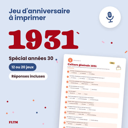 Jeu anniversaire année 1931 à imprimer, spécial années 30