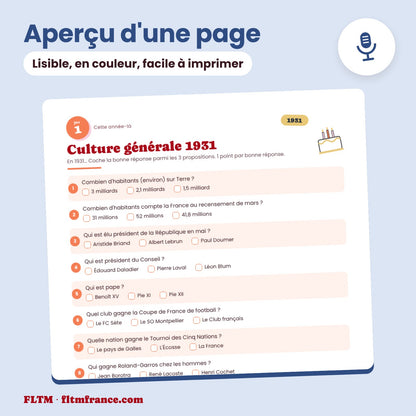 Jeu anniversaire année 1931 : aperçu d'une page