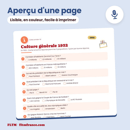 Jeu anniversaire année 1932 : aperçu d'une page