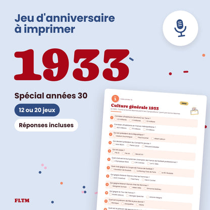 Jeu anniversaire année 1933 à imprimer, spécial années 30