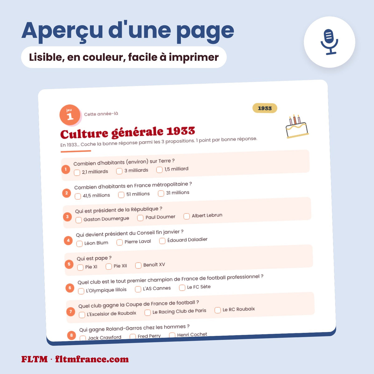 Jeu anniversaire année 1933 : aperçu d'une page
