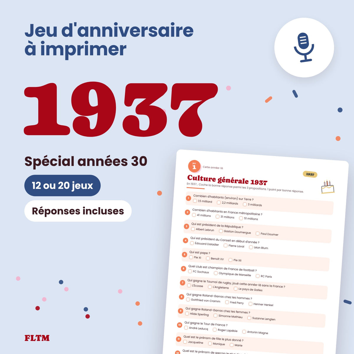 Jeu anniversaire année 1937 à imprimer, spécial années 30