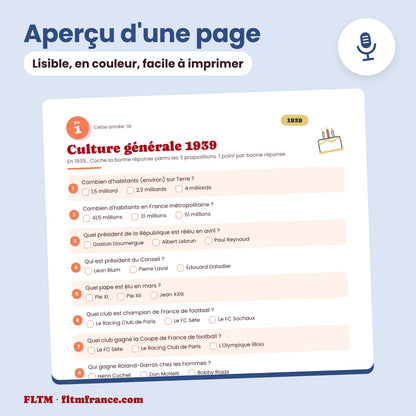 Jeu anniversaire année 1939 : aperçu d'une page