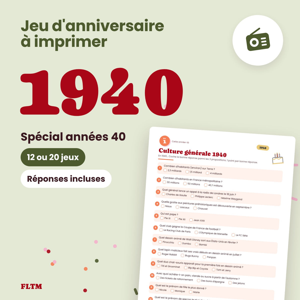 Jeu anniversaire année 1940 à imprimer, spécial années 40