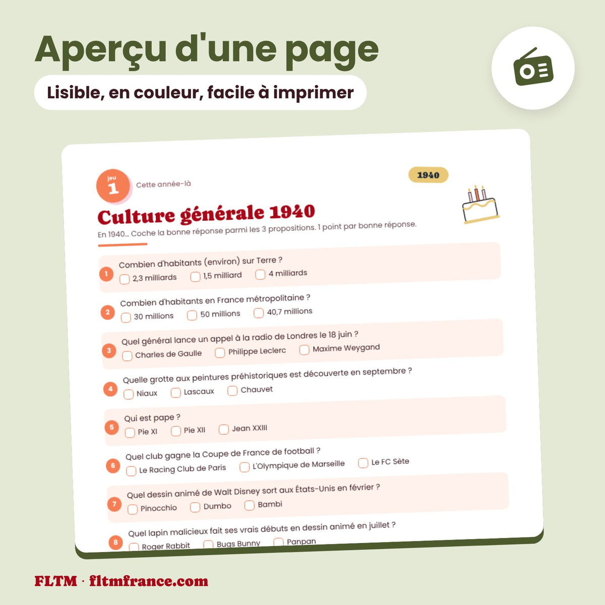 Jeu anniversaire année 1940 : aperçu d'une page