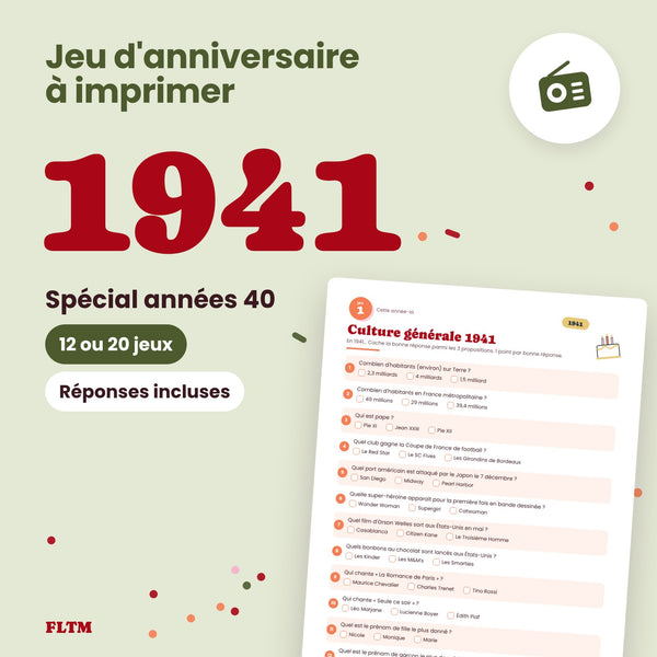 Jeu anniversaire année 1941 - 12 ou 20 jeux à imprimer