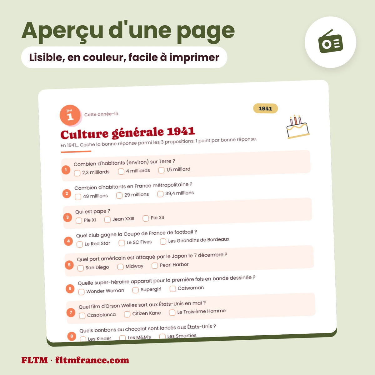 Jeu anniversaire année 1941 : aperçu d'une page