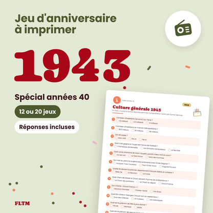 Jeu anniversaire année 1943 à imprimer, spécial années 40