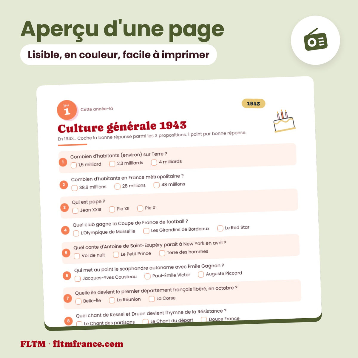 Jeu anniversaire année 1943 : aperçu d'une page