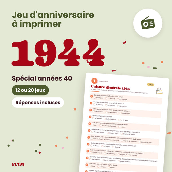 Jeu anniversaire année 1944 - 12 ou 20 jeux à imprimer pour fêter les 82 ans