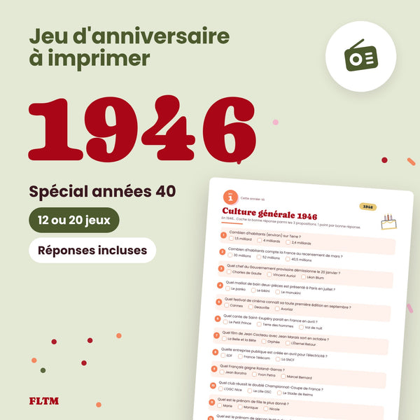 Jeu anniversaire année 1946 - 12 ou 20 jeux à imprimer pour fêter les 80 ans