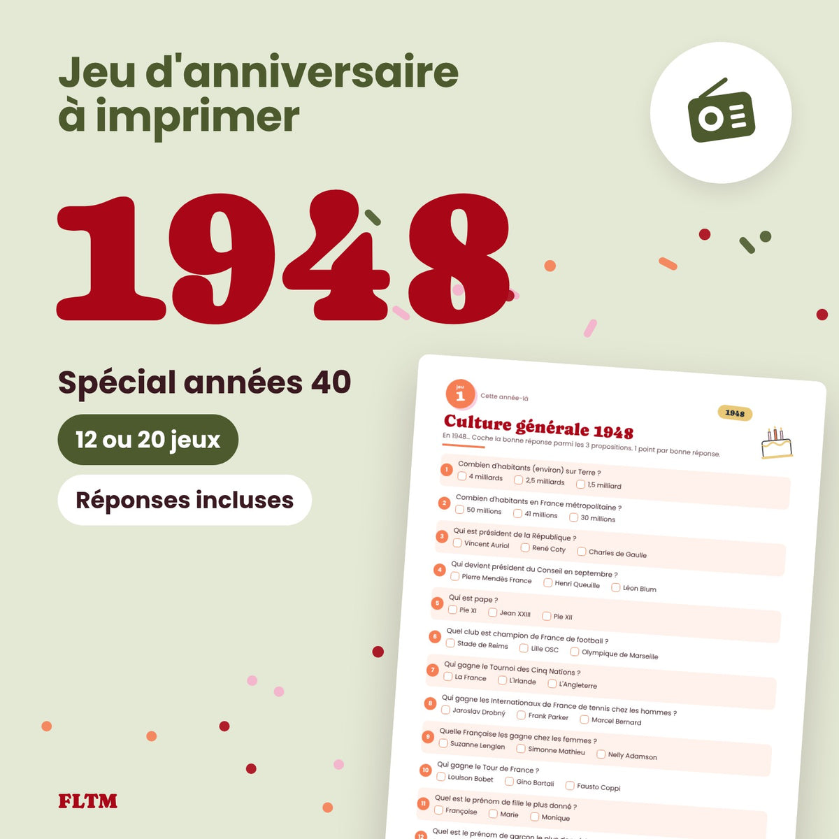 Jeu anniversaire année 1948 à imprimer, spécial années 40