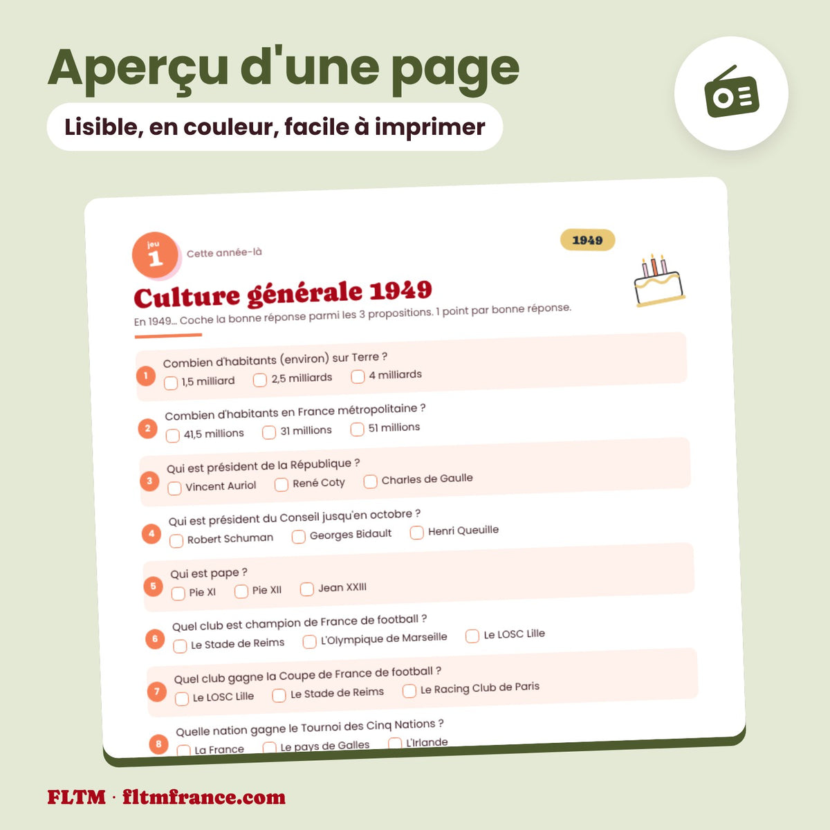 Jeu anniversaire année 1949 : aperçu d'une page
