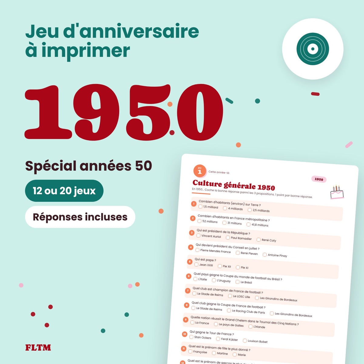 Jeu anniversaire année 1950 à imprimer, spécial années 50