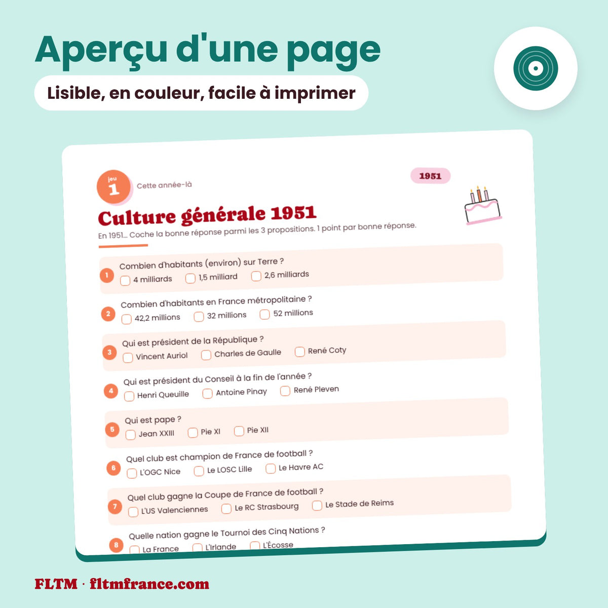 Jeu anniversaire année 1951 : aperçu d'une page