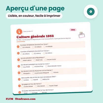 Jeu anniversaire année 1952 : aperçu d'une page