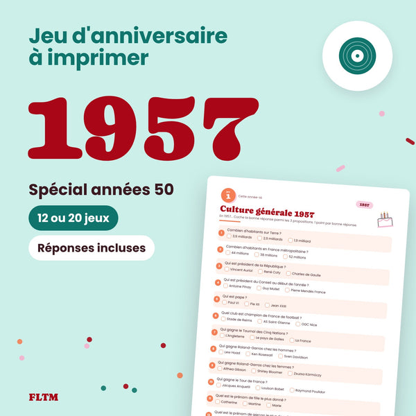 Jeu anniversaire année 1957 - 12 ou 20 jeux à imprimer