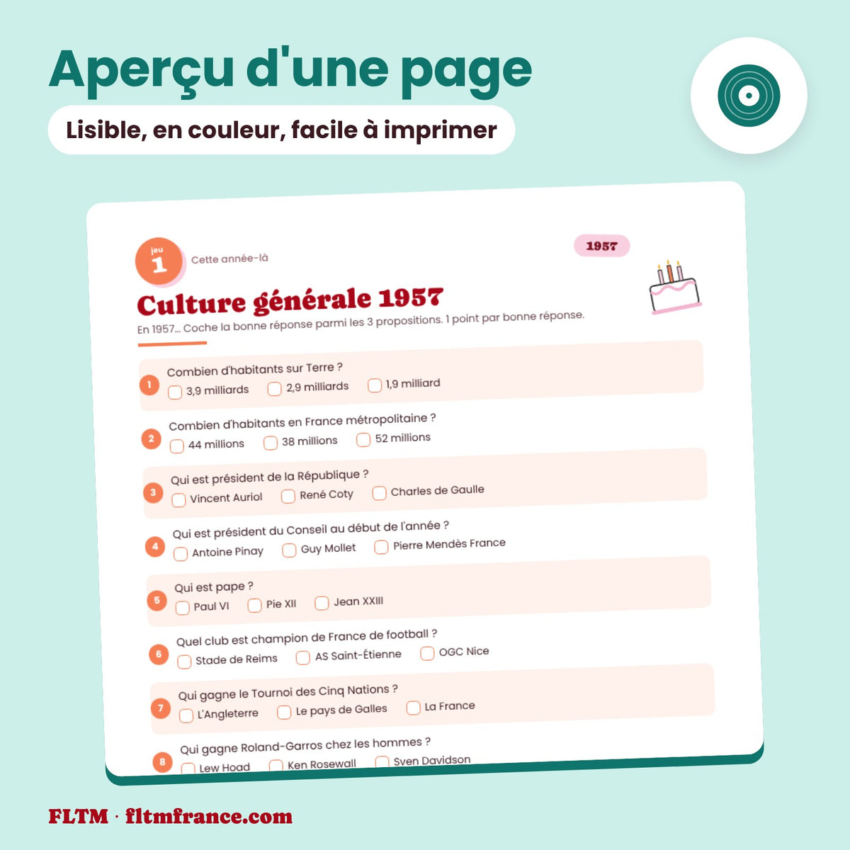 Jeu anniversaire année 1957 : aperçu d'une page